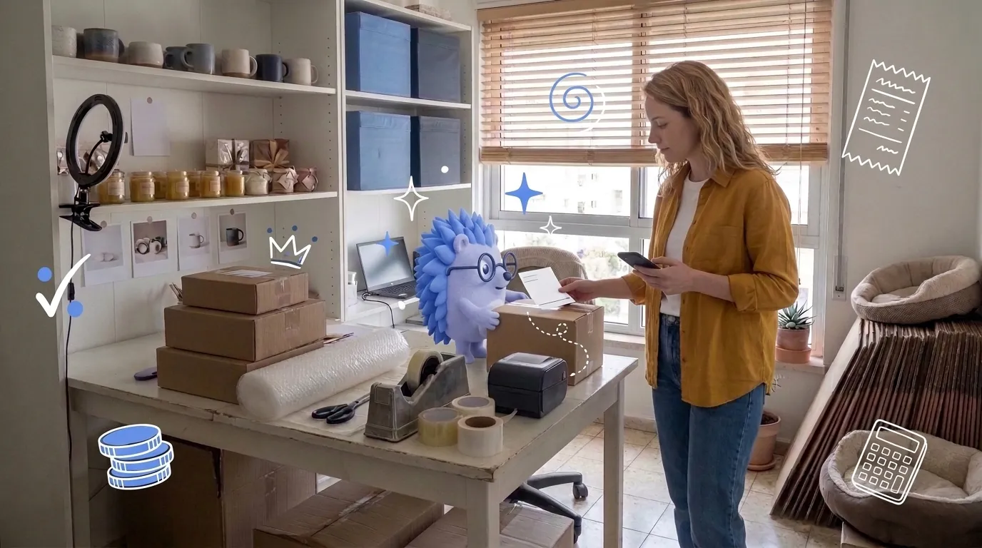Dana, an online shop owner, prepares the day's orders. Keepy, the Keep mascot, slides her the next packed box.