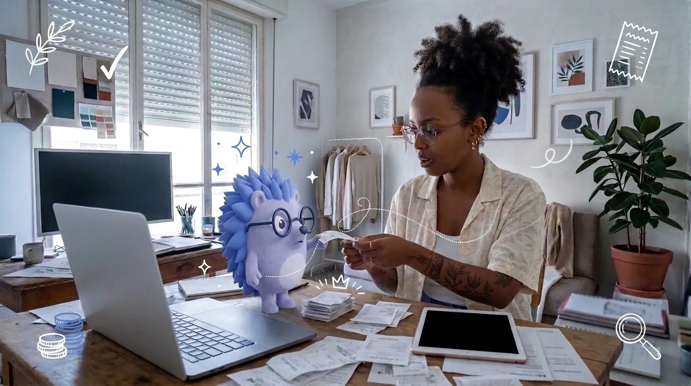 Noa, a graphic designer, sorts a pile of small receipts. Keepy, the Keep mascot, holds one up as if asking whether it counts too.