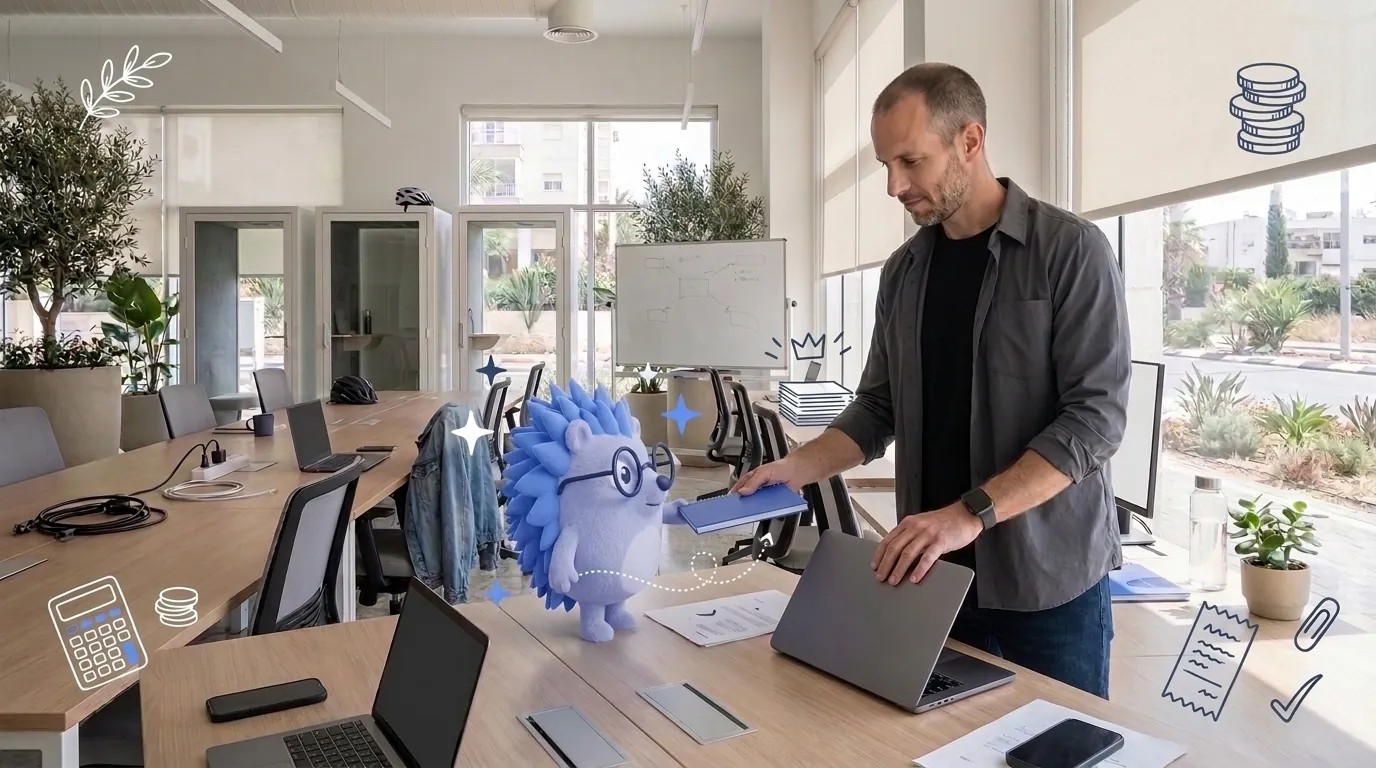 Yoav, a technology consultant, wraps up the day at his coworking desk. Keepy, the Keep mascot, hands him a blue notebook.