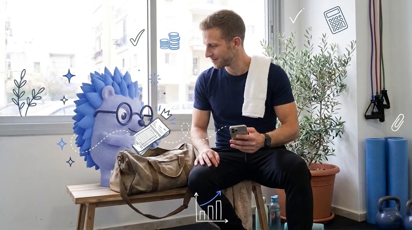 Tzachi, a fitness trainer, sends a client an invoice from his phone between sessions. Keepy, the Keep mascot, drops an old paper receipt book into the gym bag.