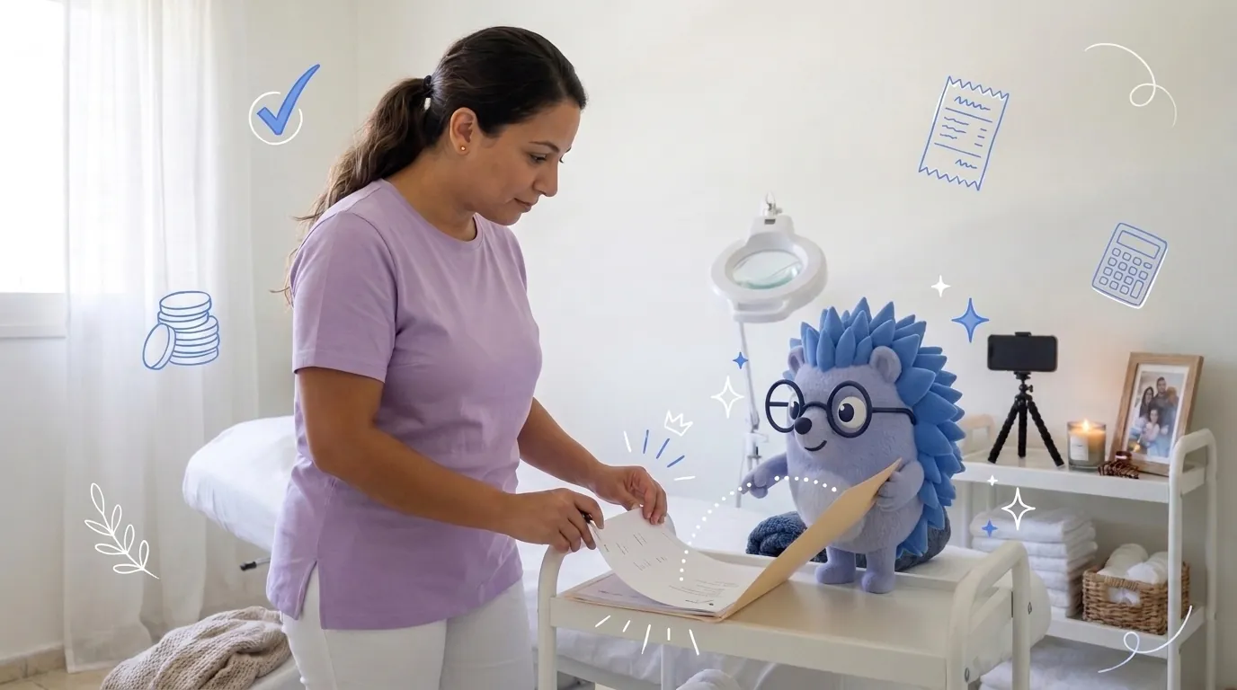 Michal, a cosmetician, goes through the month's documents. Keepy, the Keep mascot, holds the folder open and points to the next page.