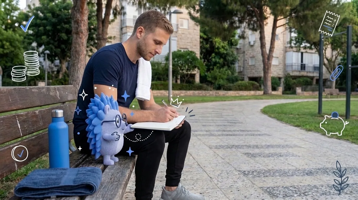 Tzachi, a fitness trainer, plans his new business in a notebook in the park. Keepy, the Keep mascot, holds the notebook open for him.