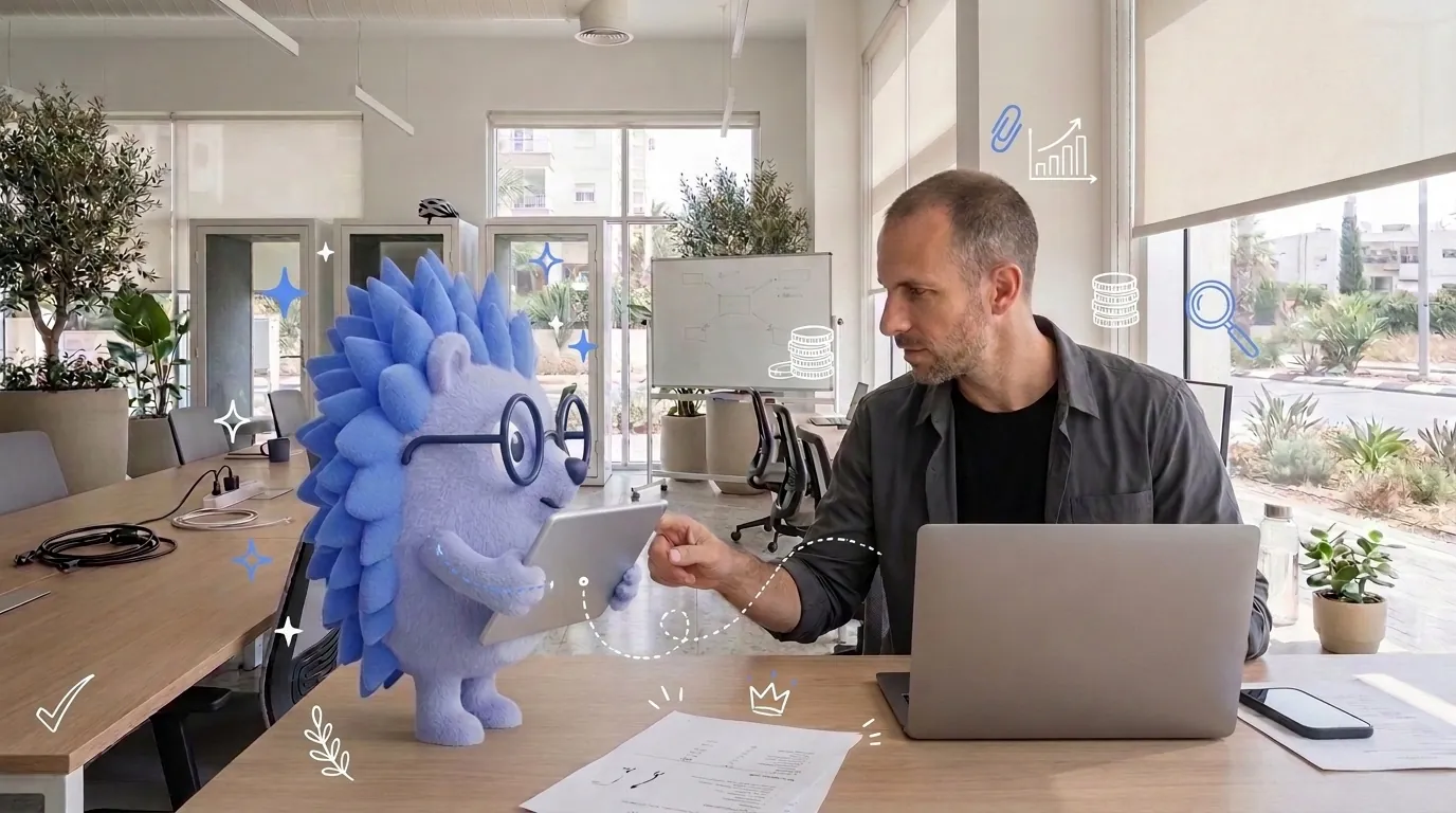 Yoav, a technology consultant, compares accounting software on his laptop. Keepy, the Keep mascot, holds up a tablet beside it.