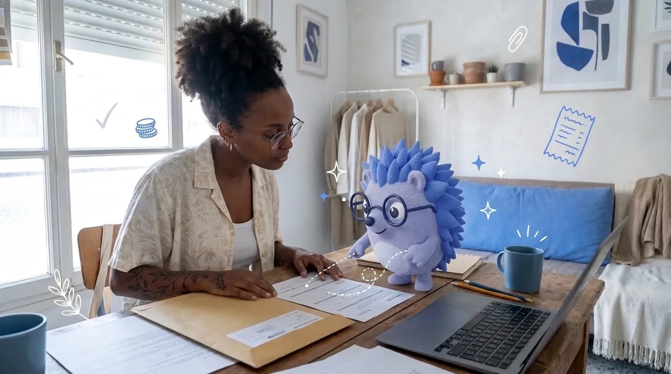 Noa, a graphic designer, sits with an official envelope and a form. Keepy, the Keep mascot, points to the one line she needs.
