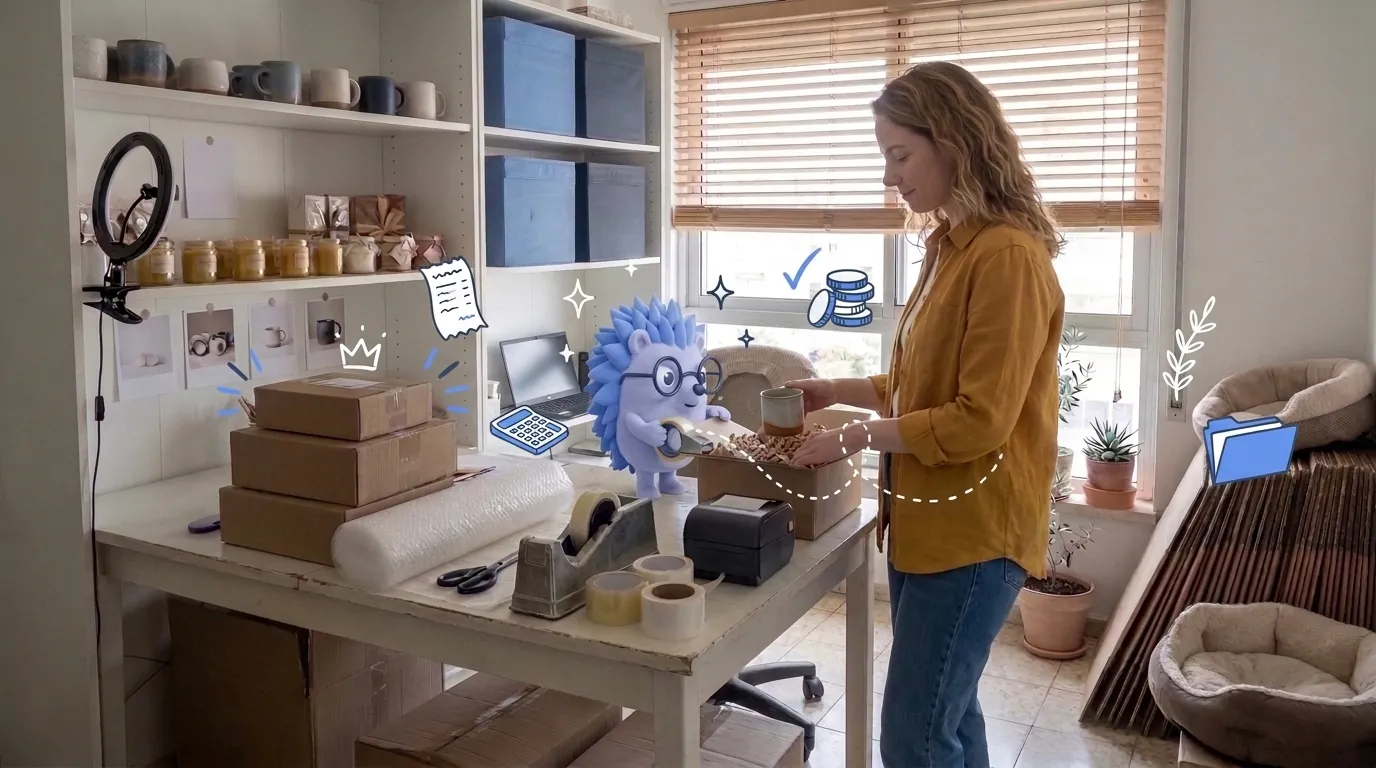 Dana, an online shop owner, packs order after order on a busy sales day. Keepy, the Keep mascot, tapes shut the box she has just finished.
