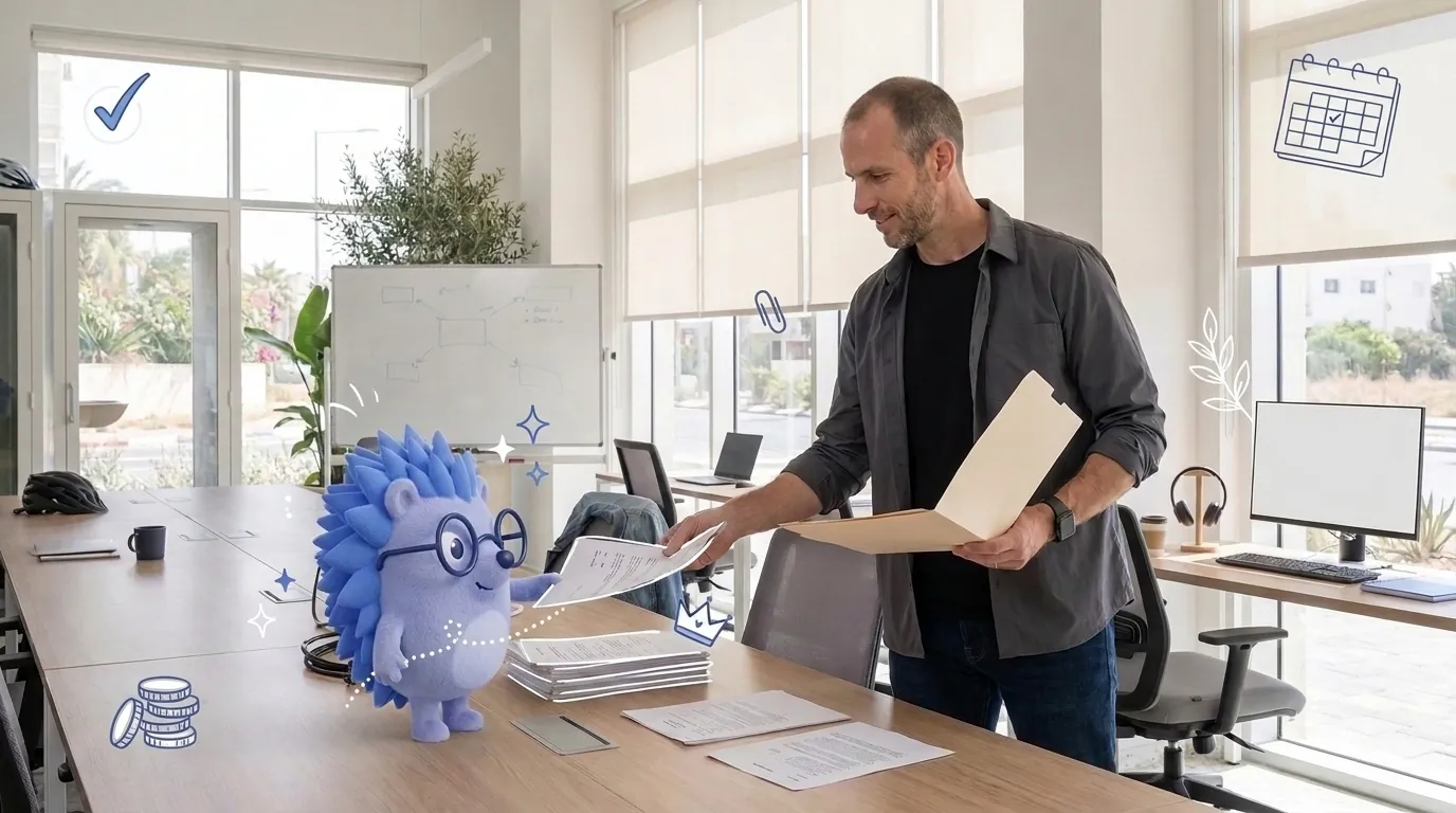 Yoav, a technology consultant, gathers statements of his assets into one folder. Keepy, the Keep mascot, passes him the pages one by one.
