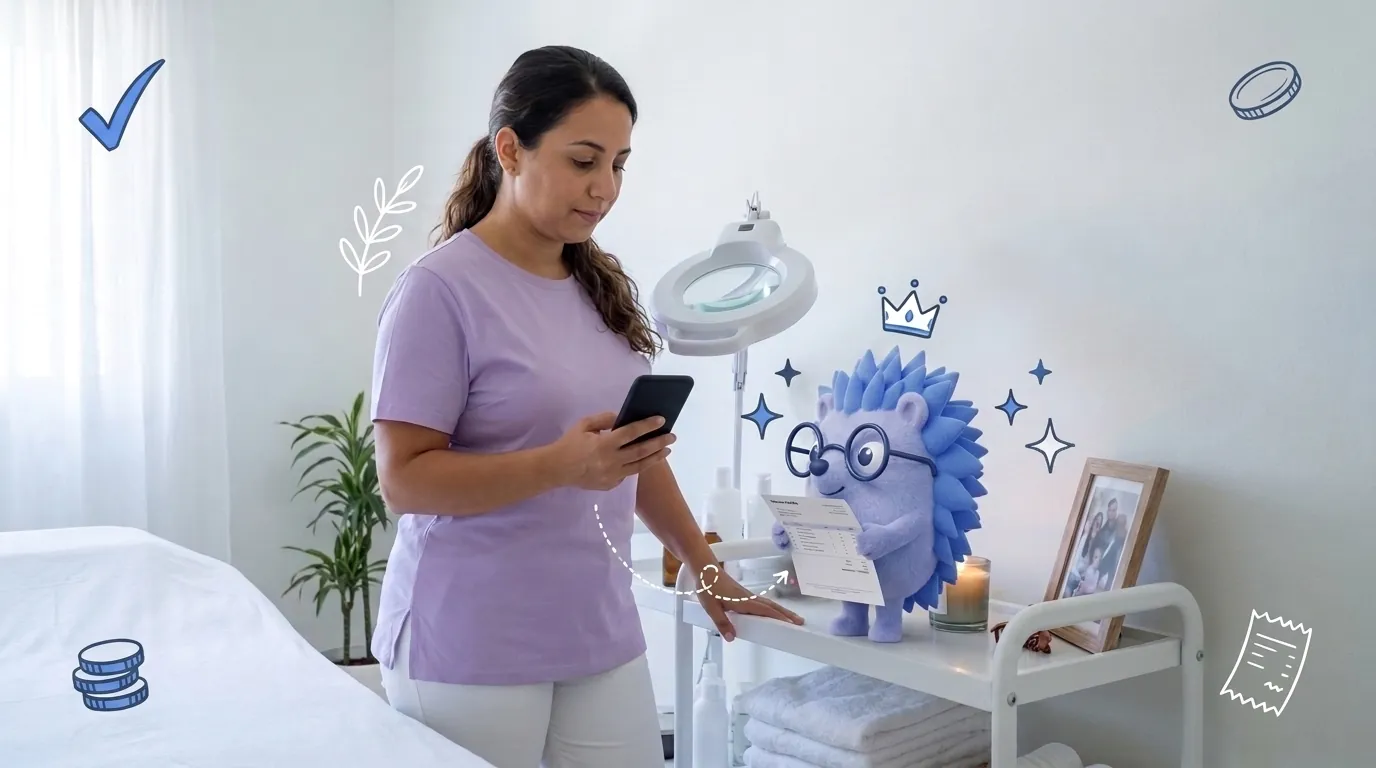 Michal, a cosmetician, prepares a payment request after a treatment. Keepy, the Keep mascot, holds the invoice next to her phone.
