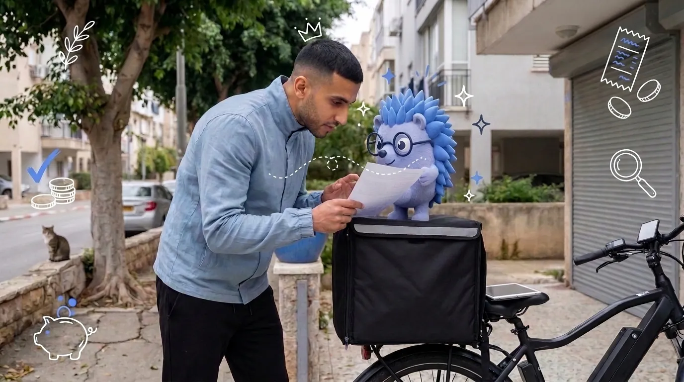 Amir, a delivery courier, checks a document between deliveries. Keepy, the Keep mascot, stands on the delivery box and points at the page.