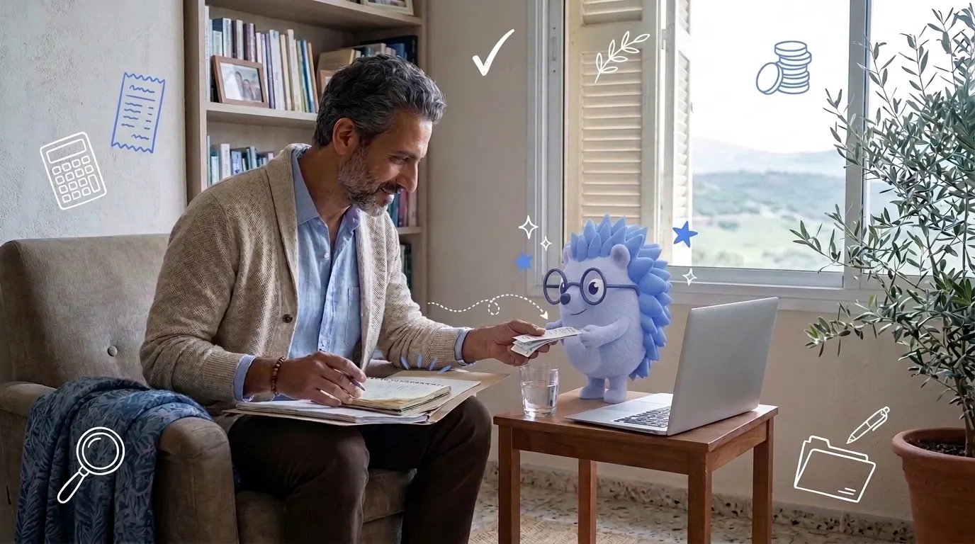 Tobi, a therapist, reviews his notebook at the end of the week. Keepy, the Keep mascot, hands him the week's receipts.