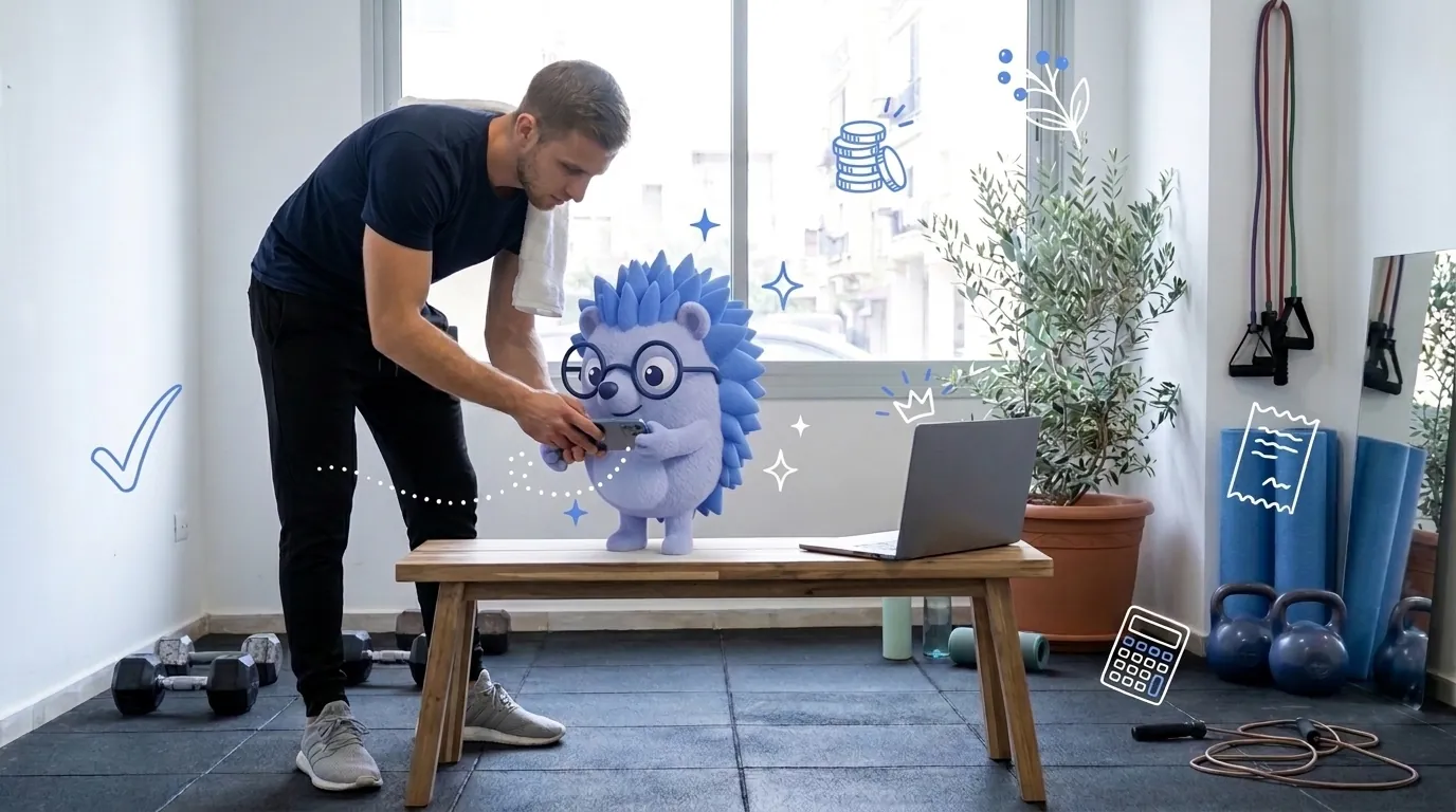 Tzachi, a fitness trainer, issues a receipt on his phone after a session. Keepy, the Keep mascot, holds the phone steady for him.