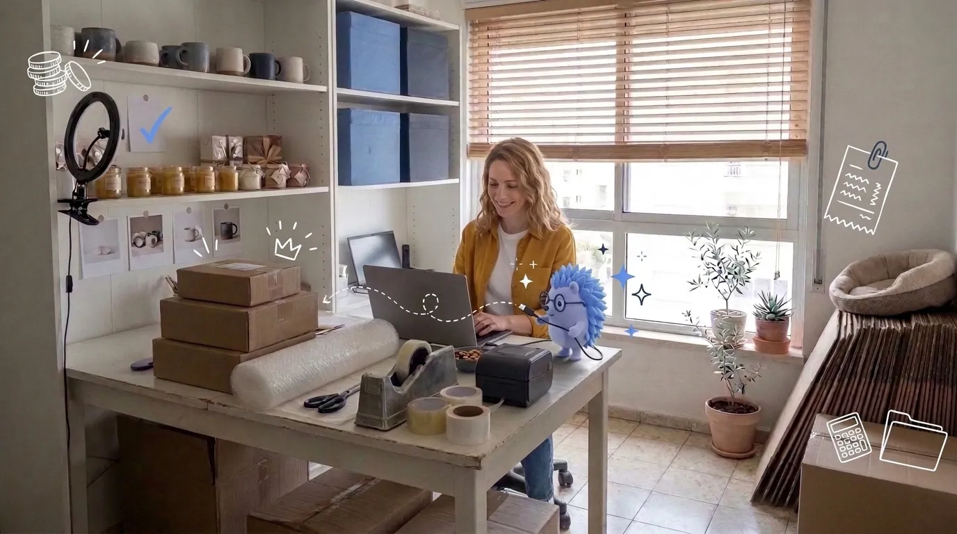 Dana, an online shop owner, connects her shop to her bookkeeping on the laptop. Keepy, the Keep mascot, plugs a cable into the laptop.