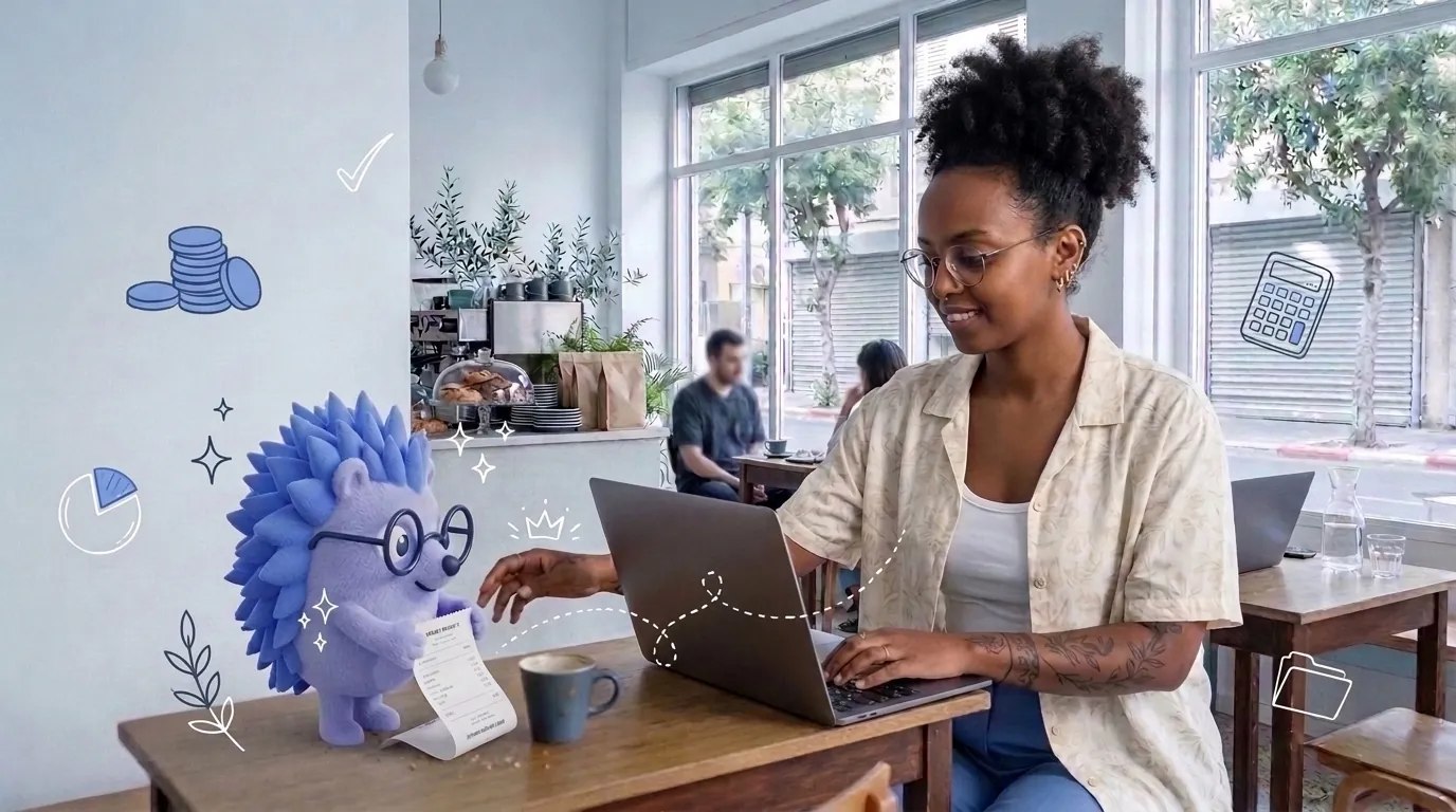 Noa, a graphic designer, sends a client a digital receipt from a café. Keepy, the Keep mascot, pushes a paper receipt pad aside.
