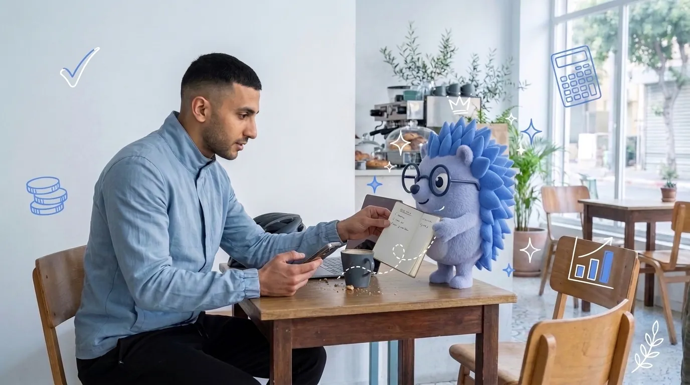 Amir, a delivery courier, works out on a break what opening a business will cost. Keepy, the Keep mascot, points at a short list in the notebook.
