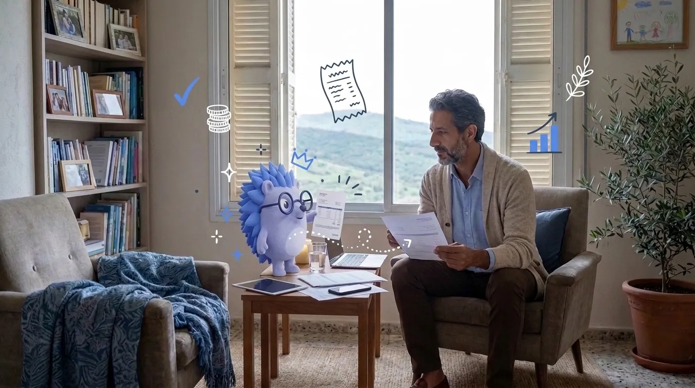 Tobi, a therapist, compares two accountants' price offers. Keepy, the Keep mascot, holds up the second offer.