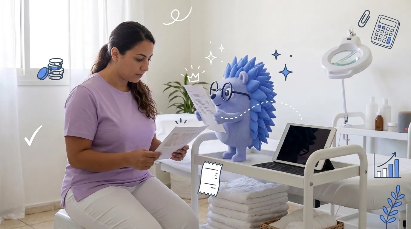 Michal, a cosmetician, checks what an accountant would cost her. Keepy, the Keep mascot, holds the second price offer.