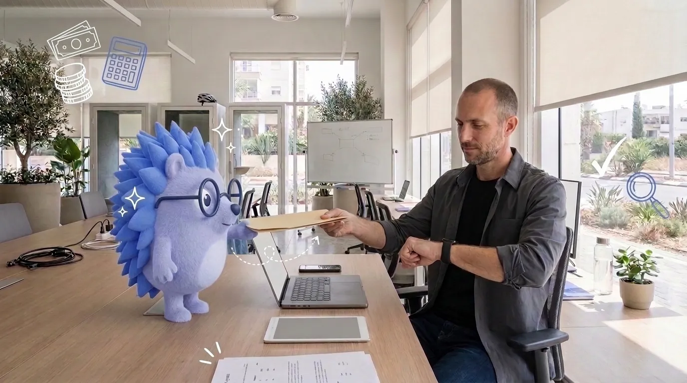 Yoav, a technology consultant, fills in an online registration on his laptop. Keepy, the Keep mascot, hands him a folder with every document ready.