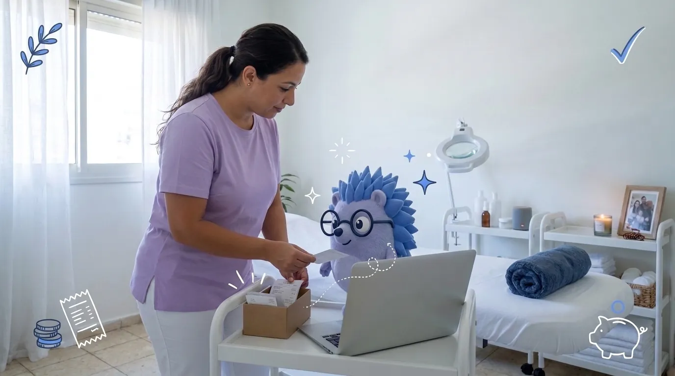 Michal, a cosmetician, tidies her trolley between clients. Keepy, the Keep mascot, files the day's receipts into a small box.