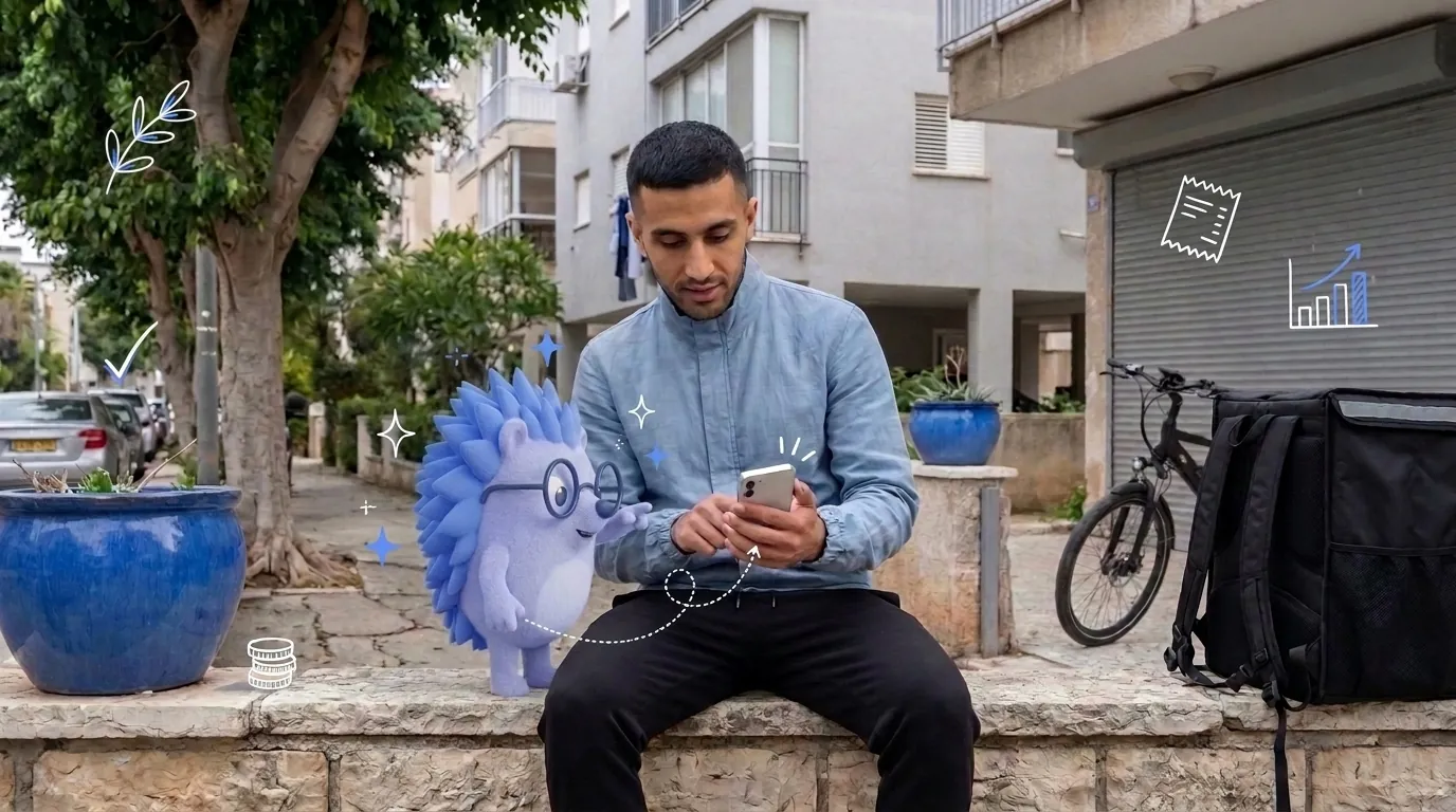 Amir, a delivery courier, finishes registering on his phone before his first shift. Keepy, the Keep mascot, holds his helmet ready.