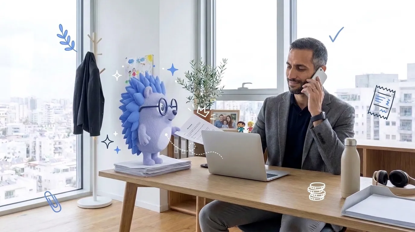 Avi, a marketing consultant, finishes a phone call, relaxed. Keepy, the Keep mascot, hands him a finished report.