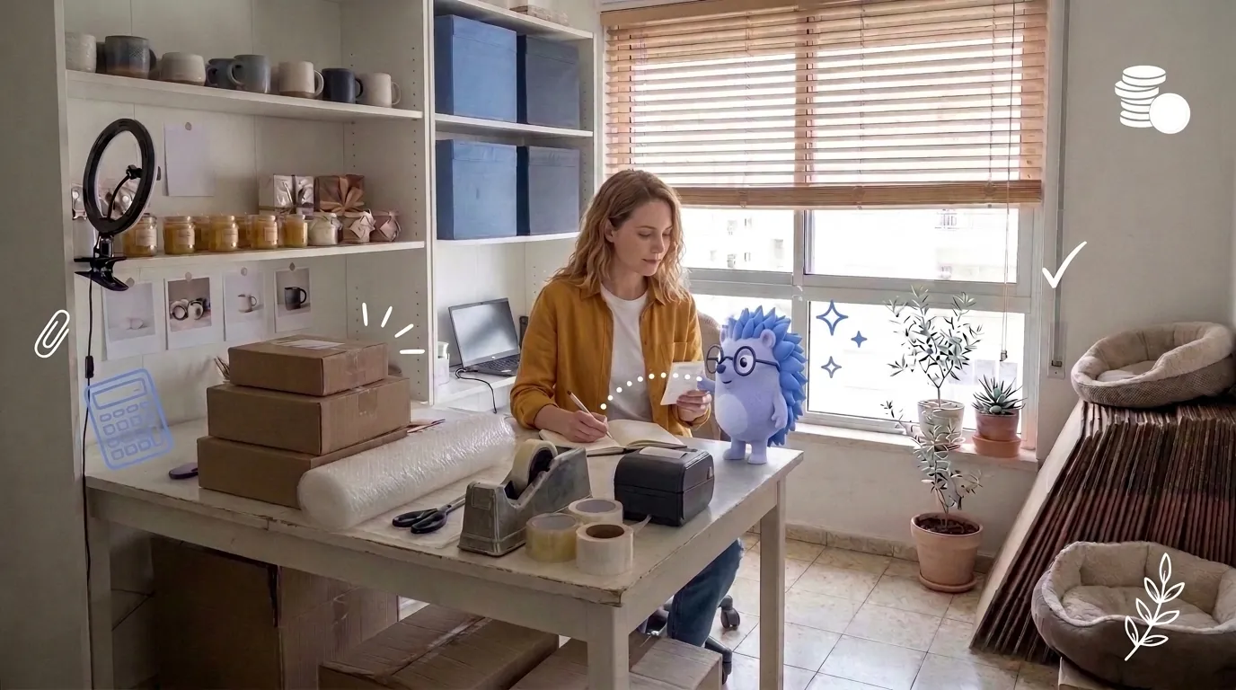 Dana, an online shop owner, notes the day's income and expenses in a notebook. Keepy, the Keep mascot, holds up the suppliers' receipts one by one.