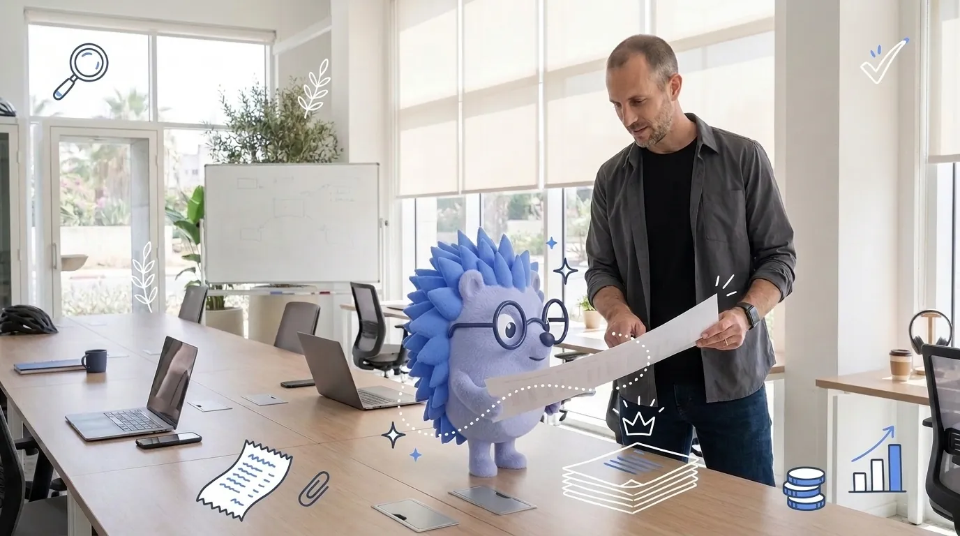 Yoav, a technology consultant, reviews a long printout of his profitability. Keepy, the Keep mascot, holds the other end of it.