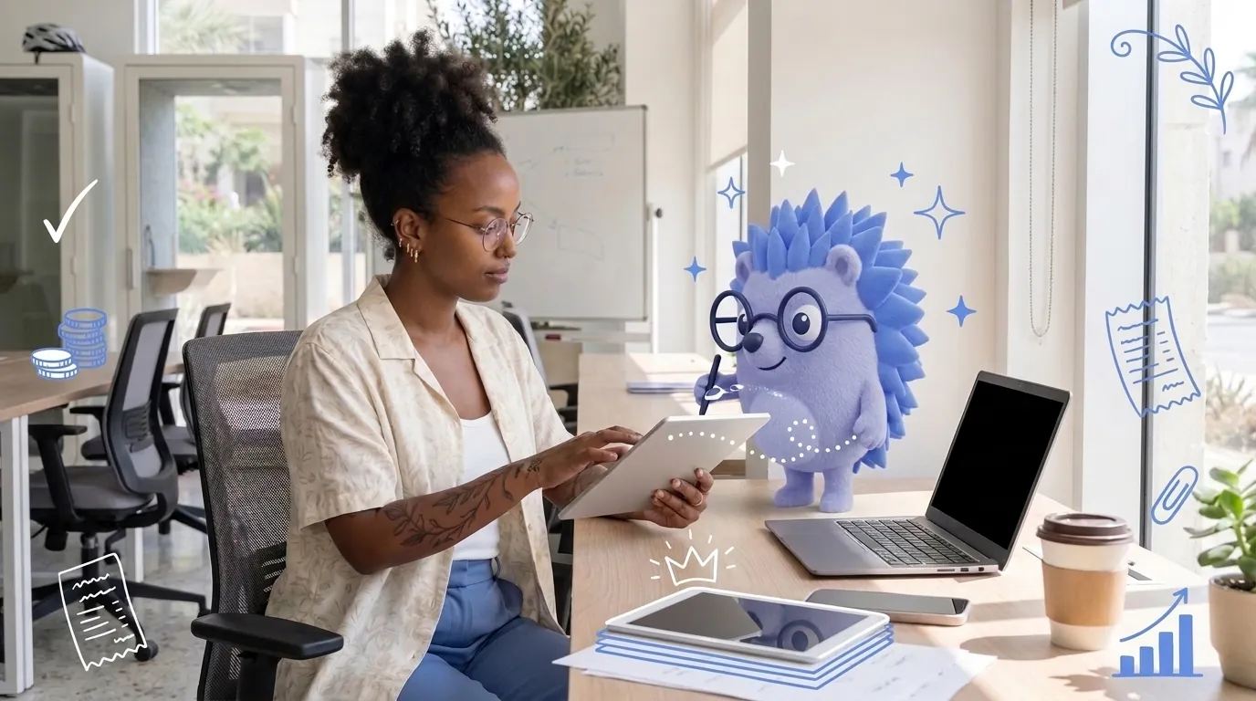 Noa, a graphic designer, tries new digital tools on a tablet. Keepy, the Keep mascot, holds out a stylus to her.