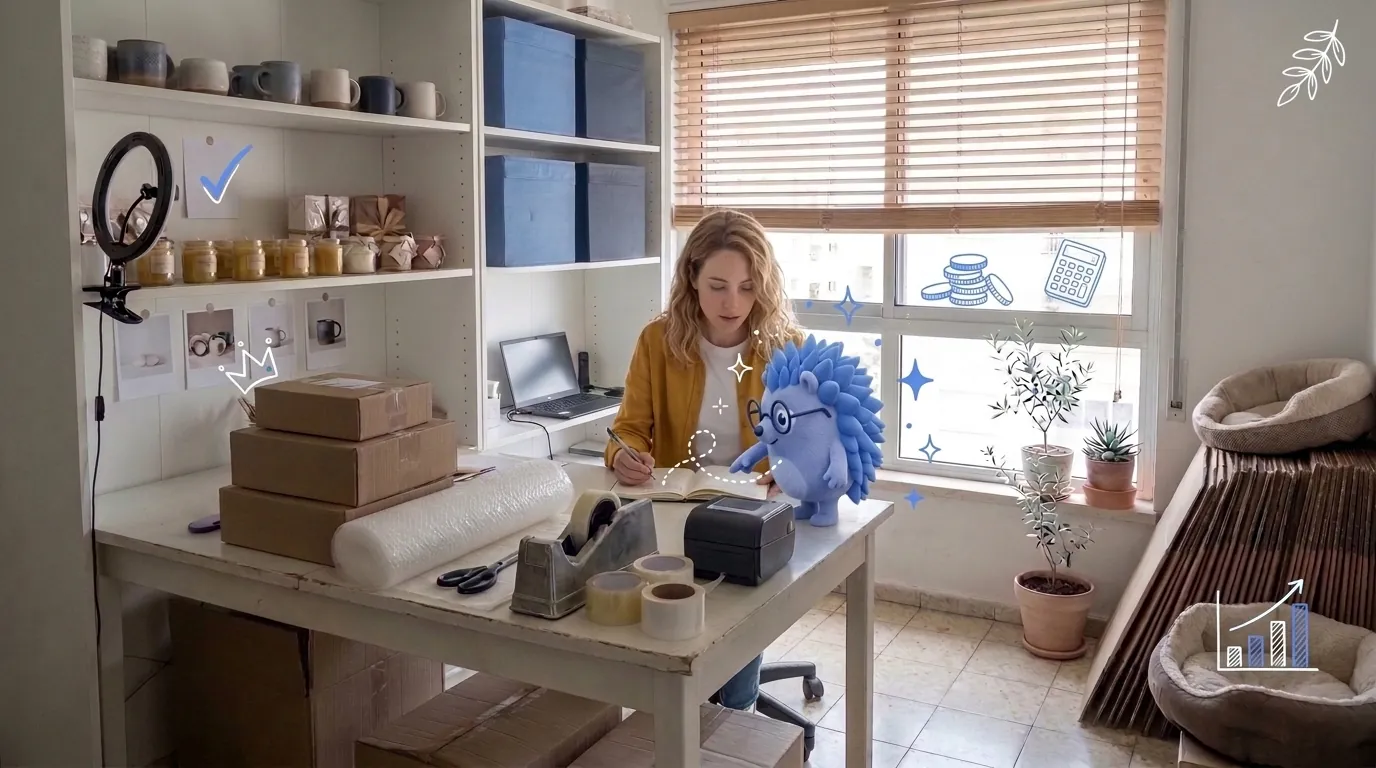 Dana, an online shop owner, plans calmly in a notebook during a slow week. Keepy, the Keep mascot, points at a note on the page.
