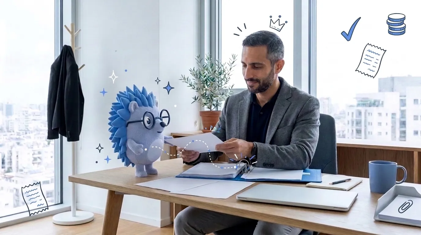 Avi, a marketing consultant, files invoices in a blue binder. Keepy, the Keep mascot, hands them to him in order.