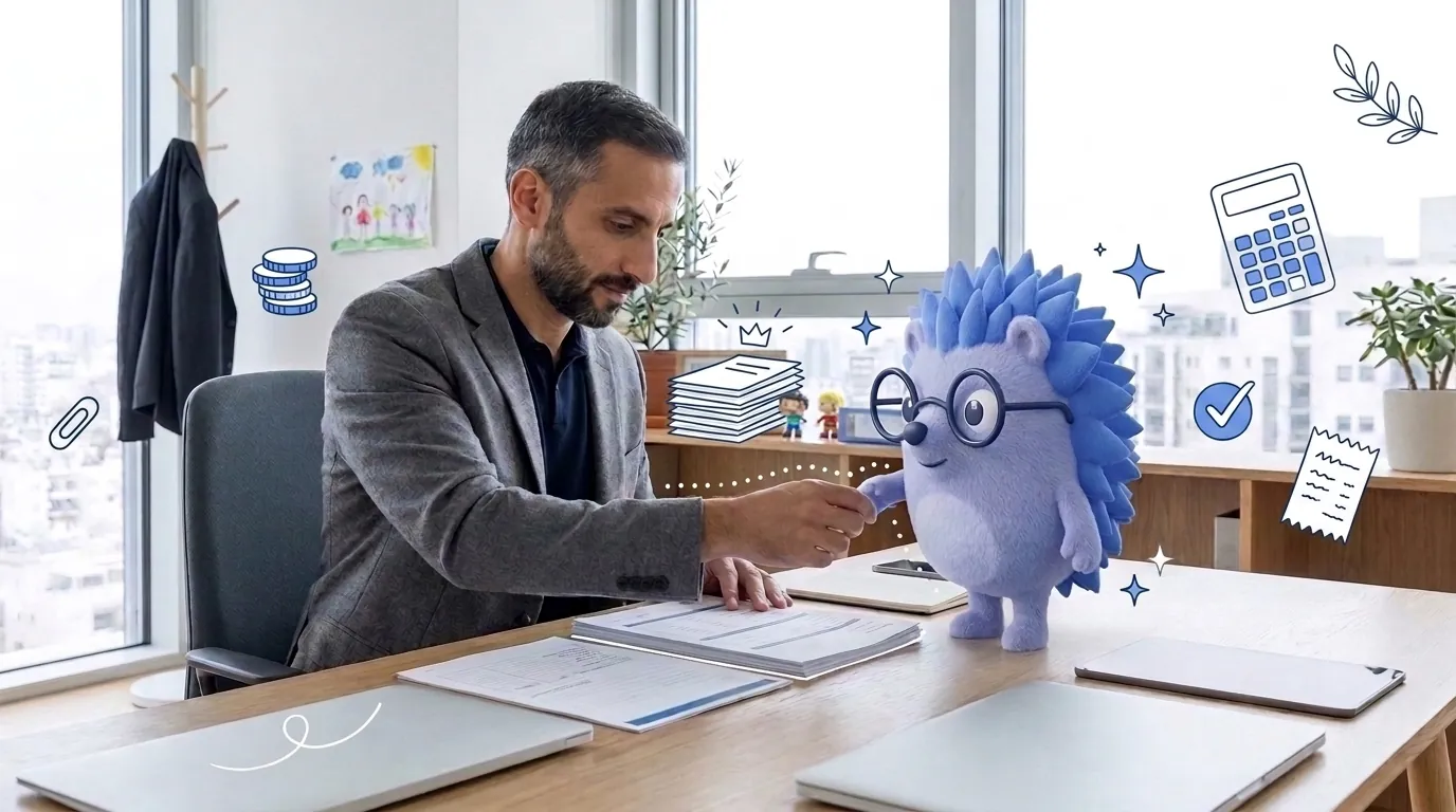 Avi, a marketing consultant, opens his business himself, forms on the desk. Keepy, the Keep mascot, holds out a pen at the right place on the form.
