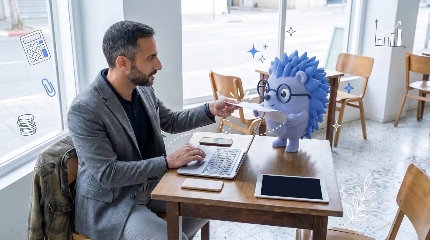 Avi, a marketing consultant, opens his business file on his laptop in a café. Keepy, the Keep mascot, passes him a document from his bag.
