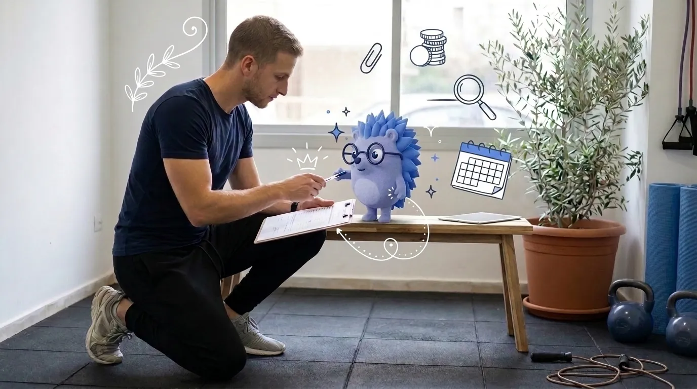 Tzachi, a fitness trainer, fills in a form on his knee between sessions. Keepy, the Keep mascot, holds out a pen and shows where to sign.