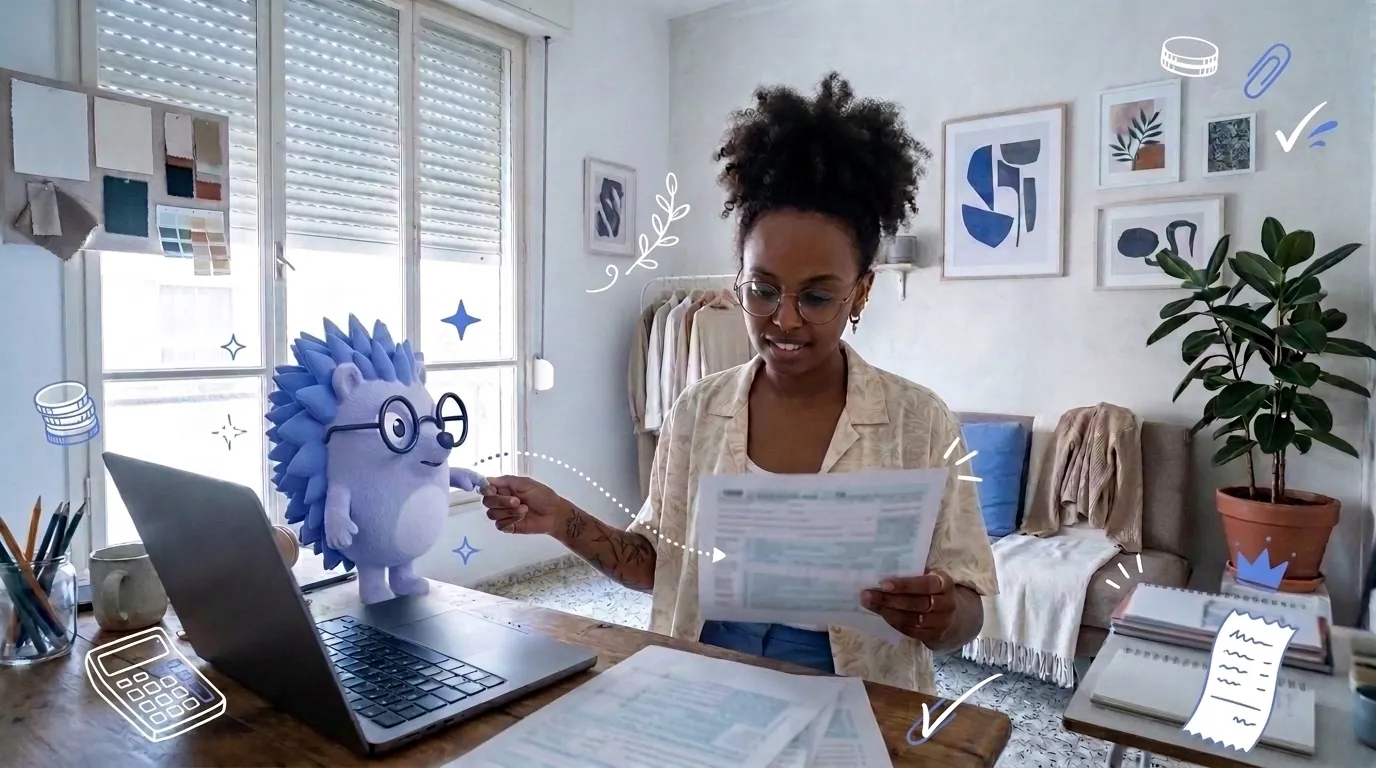 Noa, a graphic designer, opens her income tax file on the laptop. Keepy, the Keep mascot, points at a line on the form she holds.