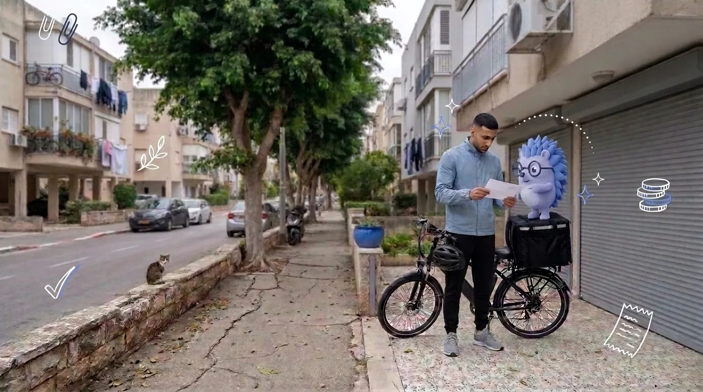 Amir, a delivery courier, stands by his e-bike with a letter from the authorities. Keepy, the Keep mascot, holds the envelope and points at what matters.