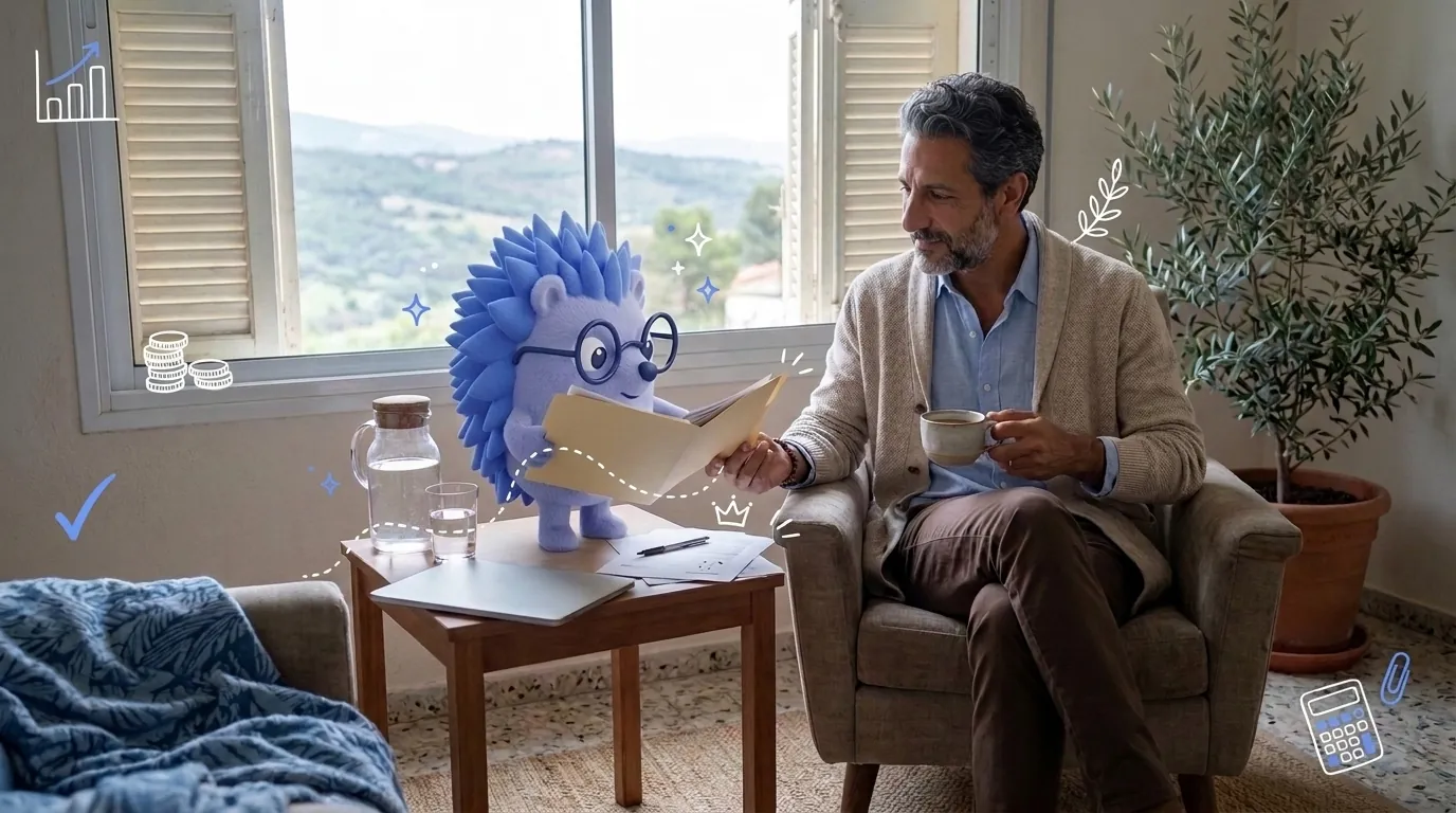 Tobi, a therapist, relaxes in his armchair with a cup of tea. Keepy, the Keep mascot, files the last papers and shows him it is done.