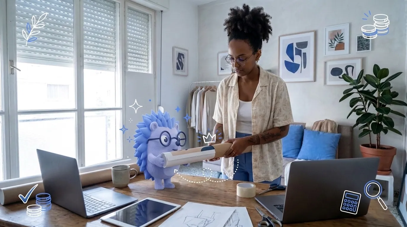 Noa, a graphic designer, packs an online order of one of her prints. Keepy, the Keep mascot, rolls the print into a tube and hands it to her.