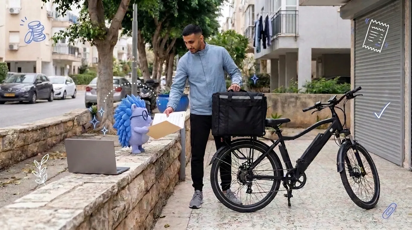 אמיר, שליח, מוריד בפעם האחרונה את ארגז המשלוחים מהאופניים. קיפי, המסקוט של Keep, מחזיק לו תיקייה עם המסמכים האחרונים.