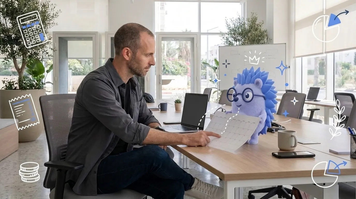 Yoav, a technology consultant, plans his first year as an osek murshe. Keepy, the Keep mascot, pins a year-plan sheet to the board.