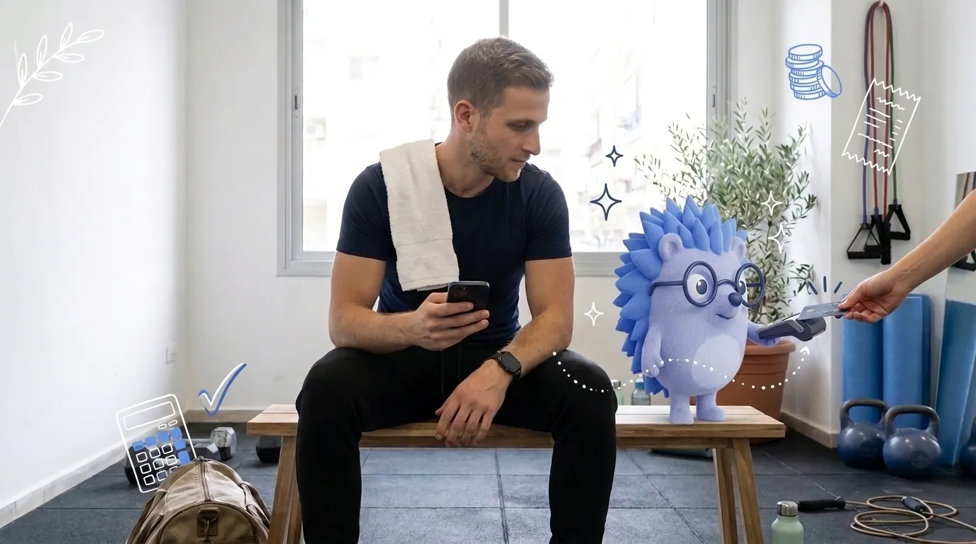 Tzachi, a fitness trainer, confirms a card payment on his phone after a session. Keepy, the Keep mascot, holds the card reader out to the client.