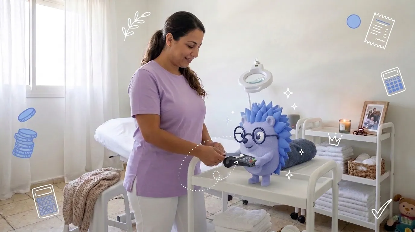 Michal, a cosmetician, takes a card payment after a treatment. Keepy, the Keep mascot, holds the card reader steady on the trolley.