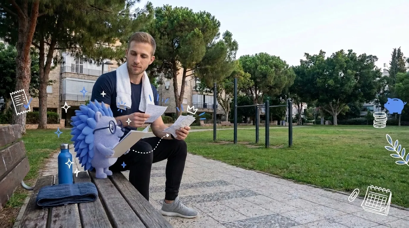 Tzachi, a fitness trainer, compares crumpled paper notes with a neat folder. Keepy, the Keep mascot, hands him the neat folder.